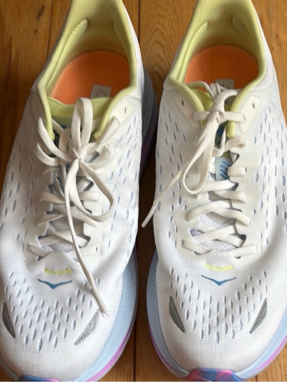 Hoka Kawana Womens Sneakers in White with Yellow and Blue Accents